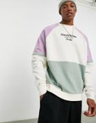 Asos Design Oversized Sweatshirt In Purple & Green Color Block With Chest Print-white
