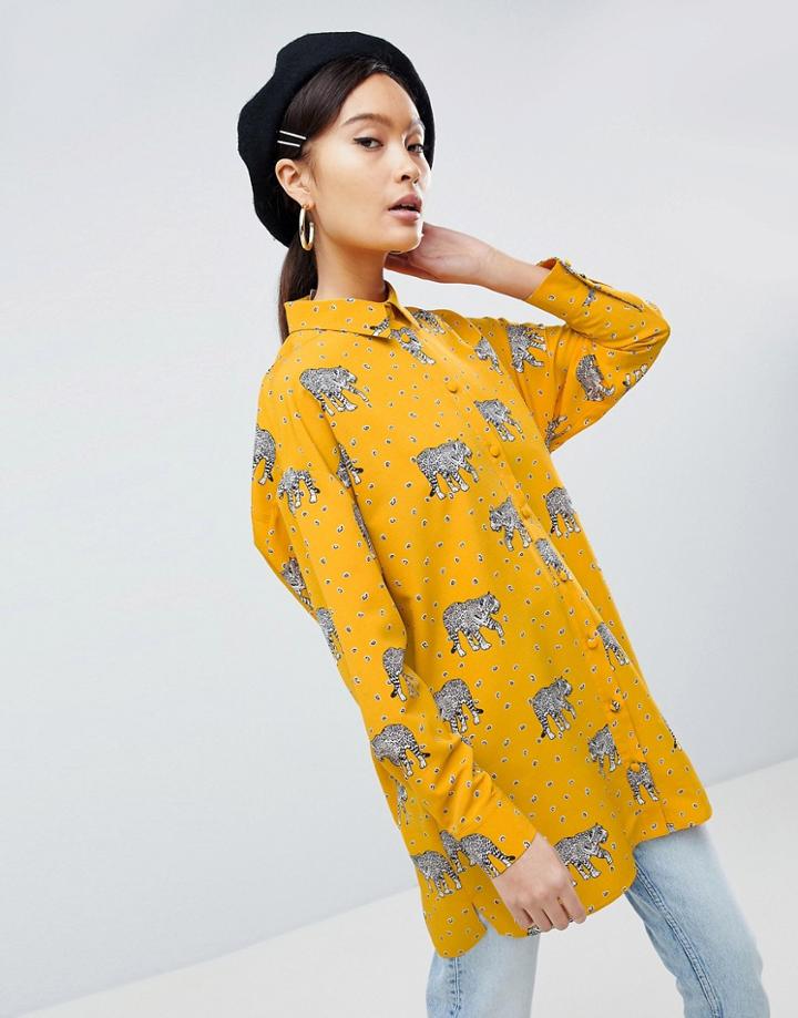 Asos Design Longline Shirt In Spot Leopard - Multi