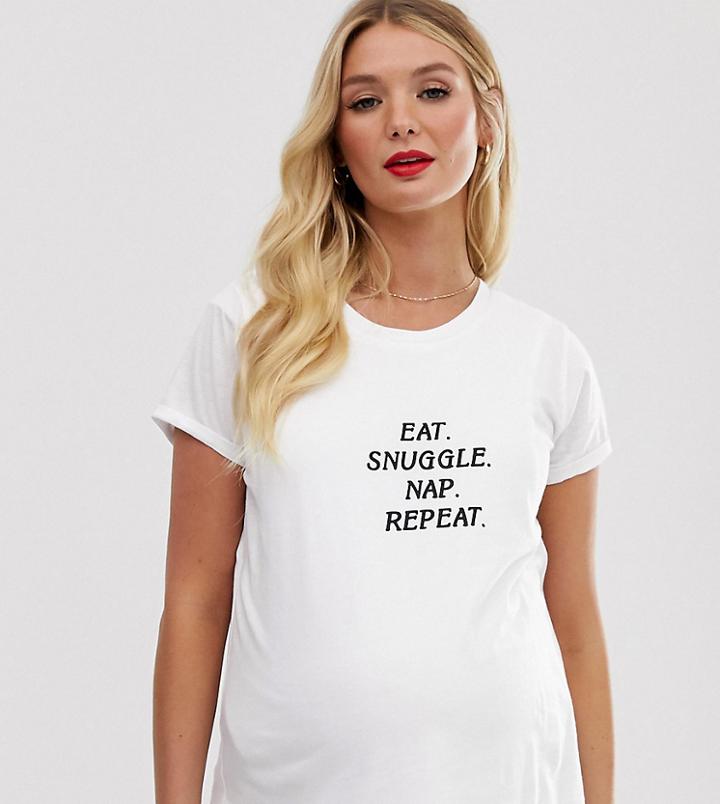 Asos Design Maternity Nursing Eat Snuggle Nap Repeat Slogan T-shirt-white