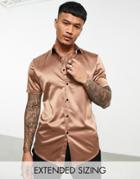 Asos Design Skinny Satin Shirt In Mocha-brown