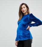 Asos Maternity Top In Velvet With Ruched Sleeves-blue