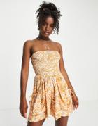Asos Design Crinkle Rayon Strapless Slouch Romper In Marble Animal Print-multi