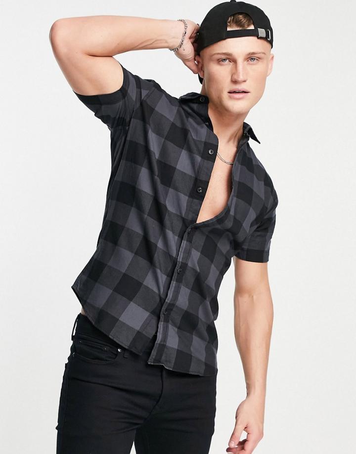 Jack & Jones Originals Short Sleeve Gingham Shirt In Black-gray