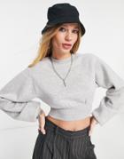 Asos Design Cropped Sweat In Ice Heather With Deep Rib Waist-white