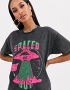 Asos Design T-shirt In Acid Wash With Spaced Out Print-gray