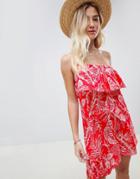 Asos Design One Shoulder Sundress With Ruffle In Red Palm Print-multi