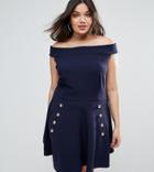 Club L Plus Bardot Crepe Button Detail Skater Dress - Navy