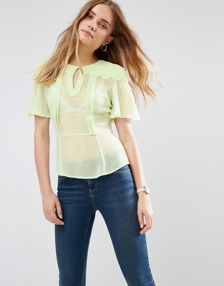 Asos Sheer Tea Blouse With Scallop Detail - Green