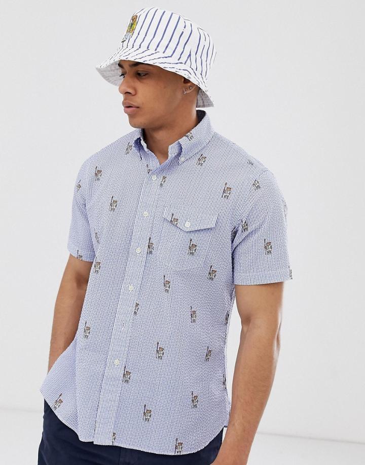 Polo Ralph Lauren Short Sleeve Stripe Bear Print Seersucker Shirt Custom Regular Fit In Blue/white