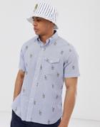 Polo Ralph Lauren Short Sleeve Stripe Bear Print Seersucker Shirt Custom Regular Fit In Blue/white