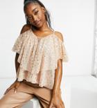 Lace & Beads Ruffle Cold Shoulder Top In Blush Mini Heart Print-pink