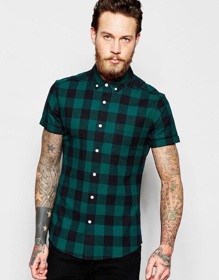 Asos Skinny Shirt With Buffalo Plaid In Green With Short Sleeves - Green
