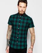 Asos Skinny Shirt With Buffalo Plaid In Green With Short Sleeves - Green