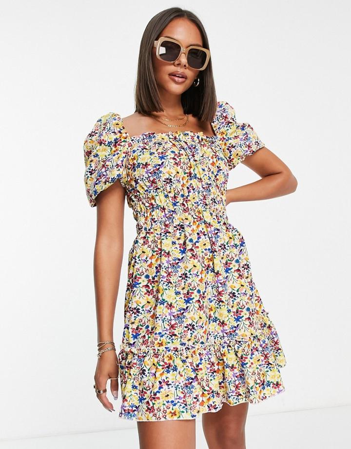 Ax Paris Puff Sleeve Mini Floral Dress In Multi