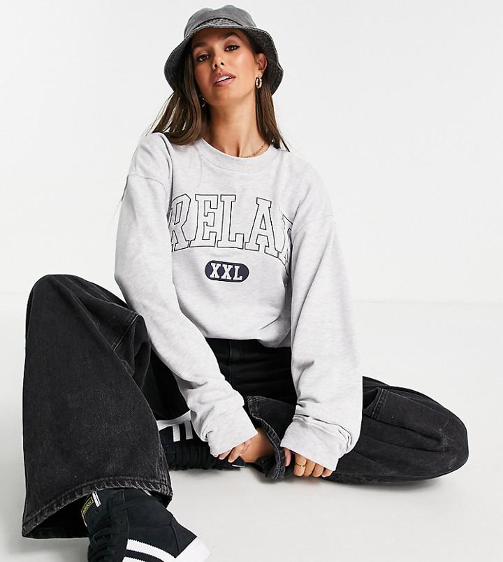 Topshop Tall Relax Embroidered Sweatshirt In Gray Heather-grey