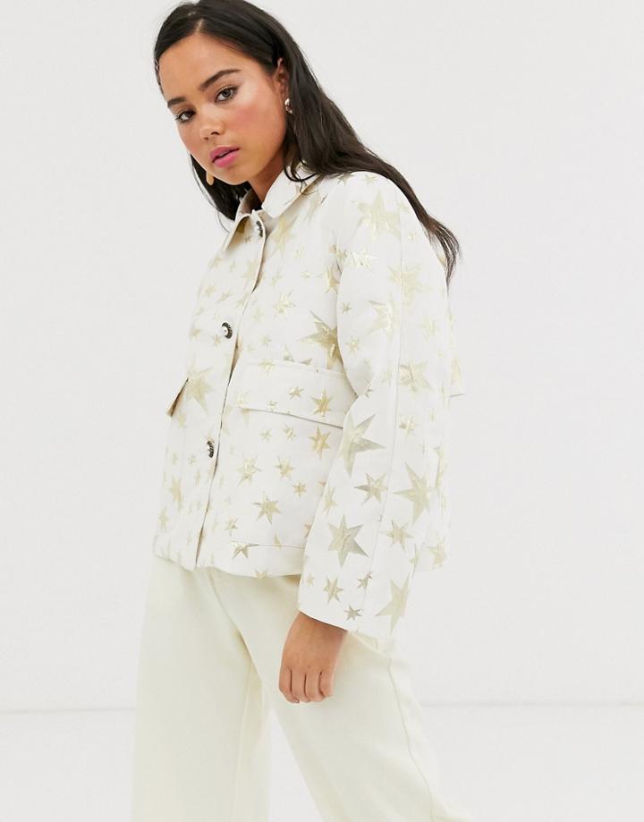 Sister Jane Trucker Jacket With Contrast Leopard Lining In Gold Star Print-cream