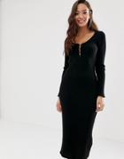 Asos Design Scoop Neck Midi Dress In Rib With Button Detail-black
