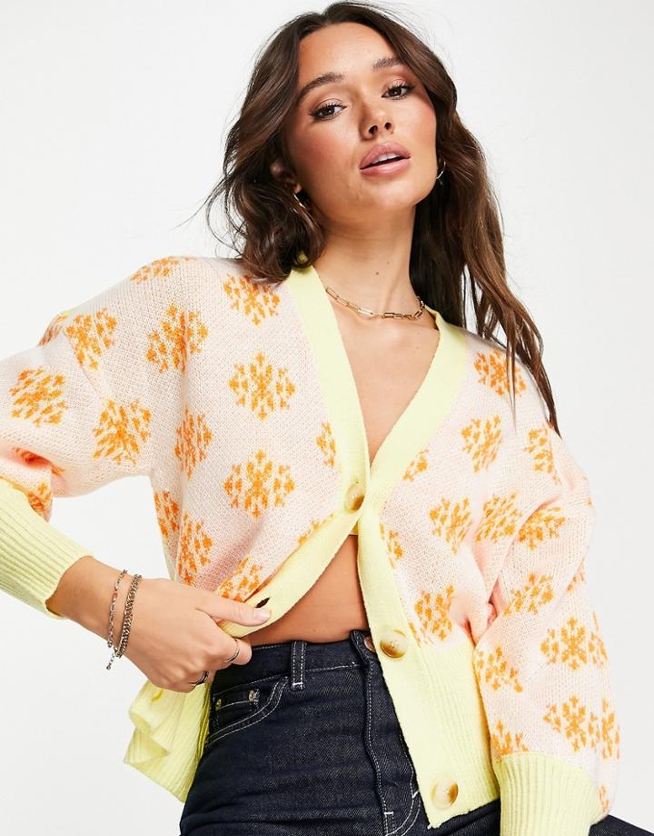 Vila Knit Cardigan In Orange Print-yellow