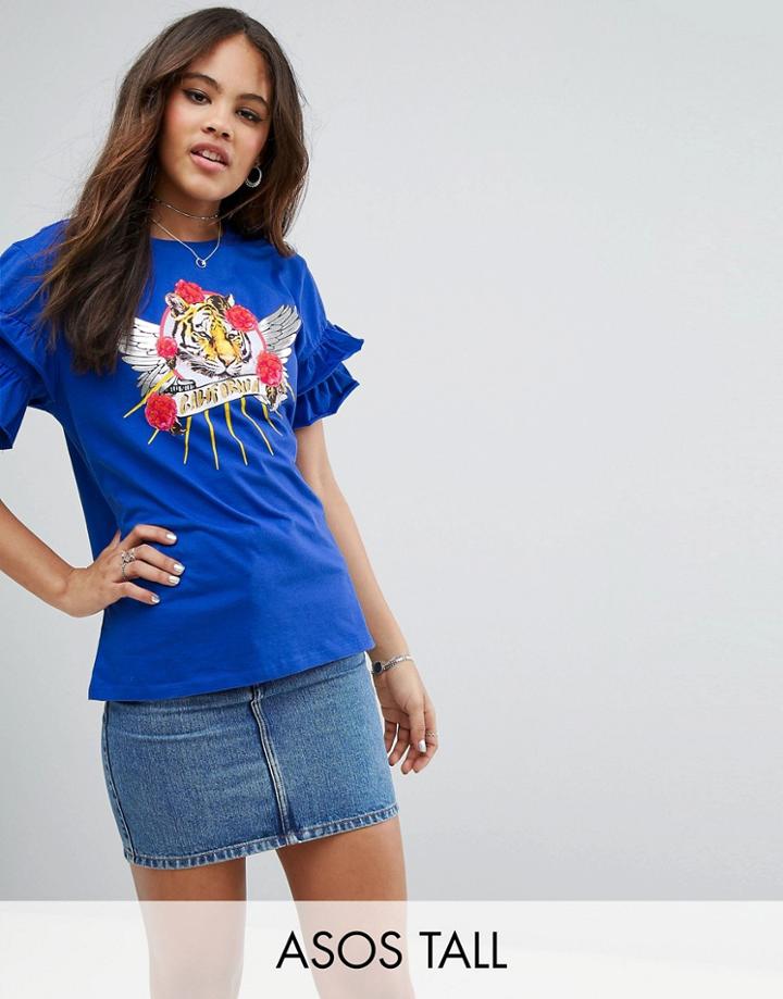 Asos Tall T-shirt With Ruffle Sleeve And Mix And Match Motif - Blue