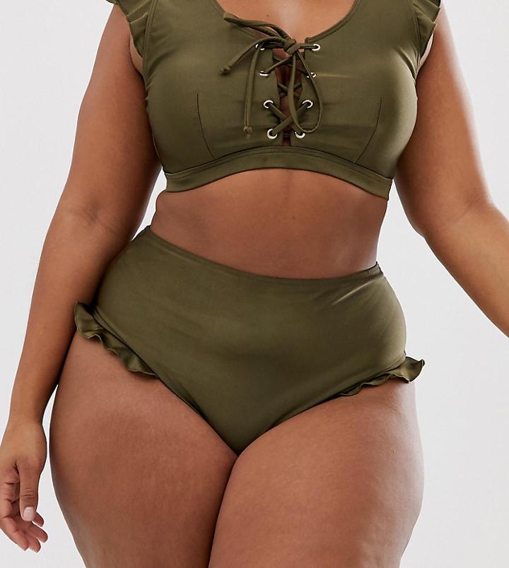 Peek & Beau Curve Exclusive High Waist Bikini Bottom With Ruffles In Dark Olive-green