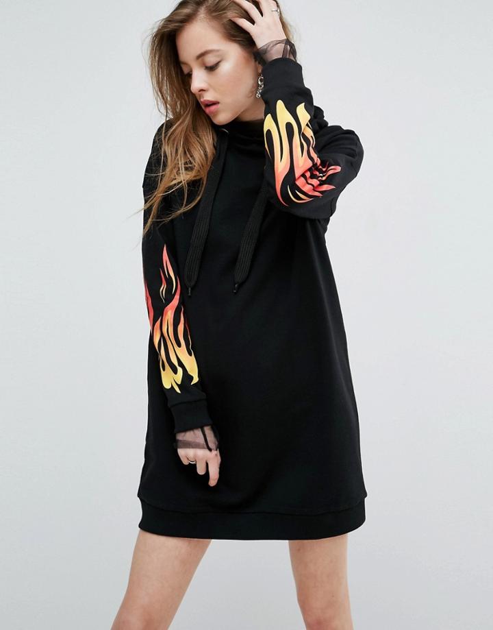 Asos Hoody Sweat Dress In Flame Print - Black