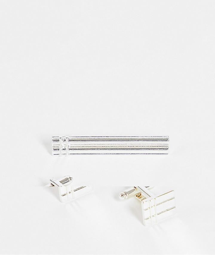 Asos Design Wedding 2 Pack Tie Bar And Cufflink Set In Silver Tone