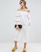 Asos Off Shoulder Jumpsuit With Tiered Sleeve - White