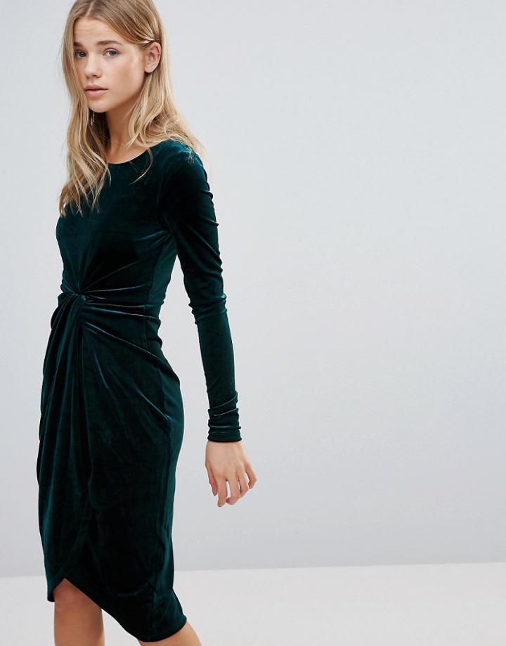 First & I Aysmmetric Velvet Dress - Green