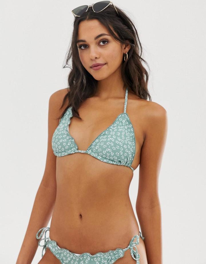Fashion Union Lola Triangle Bikini Top In Ditsy Print - Green