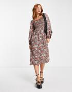 Vila Long Sleeve Midi Smock Dress In Black Floral Print