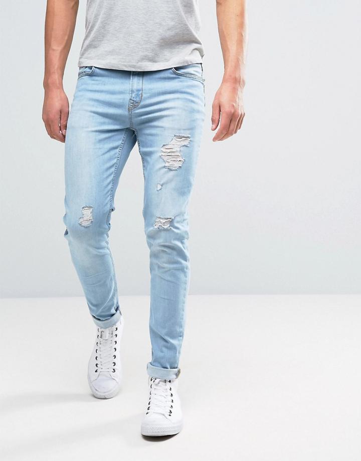 Hoxton Denim Jeans Skinny Bleach Out Small Rip And Repair Jean - Blue
