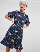 Traffic People Frill Hem Midi Dress In Polka & Horse Print - Black