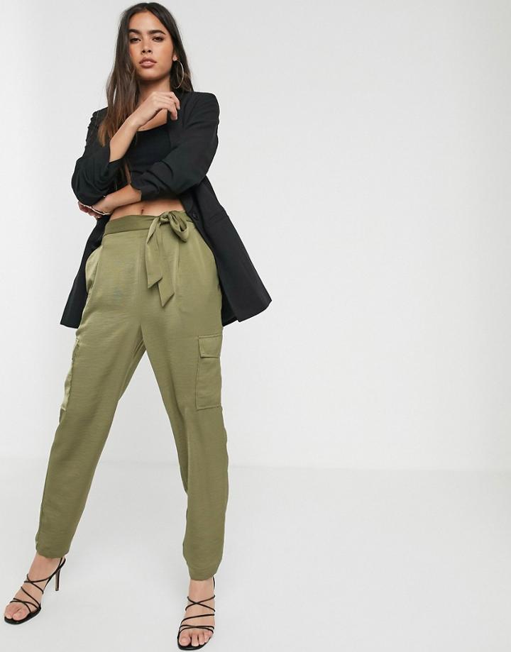 River Island Satin Utility Sweatpants In Khaki