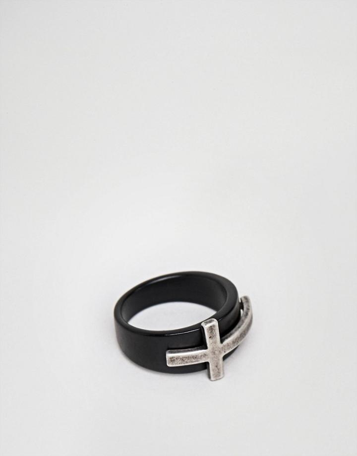 Seven London Black Band Ring With Silver Cross - Black