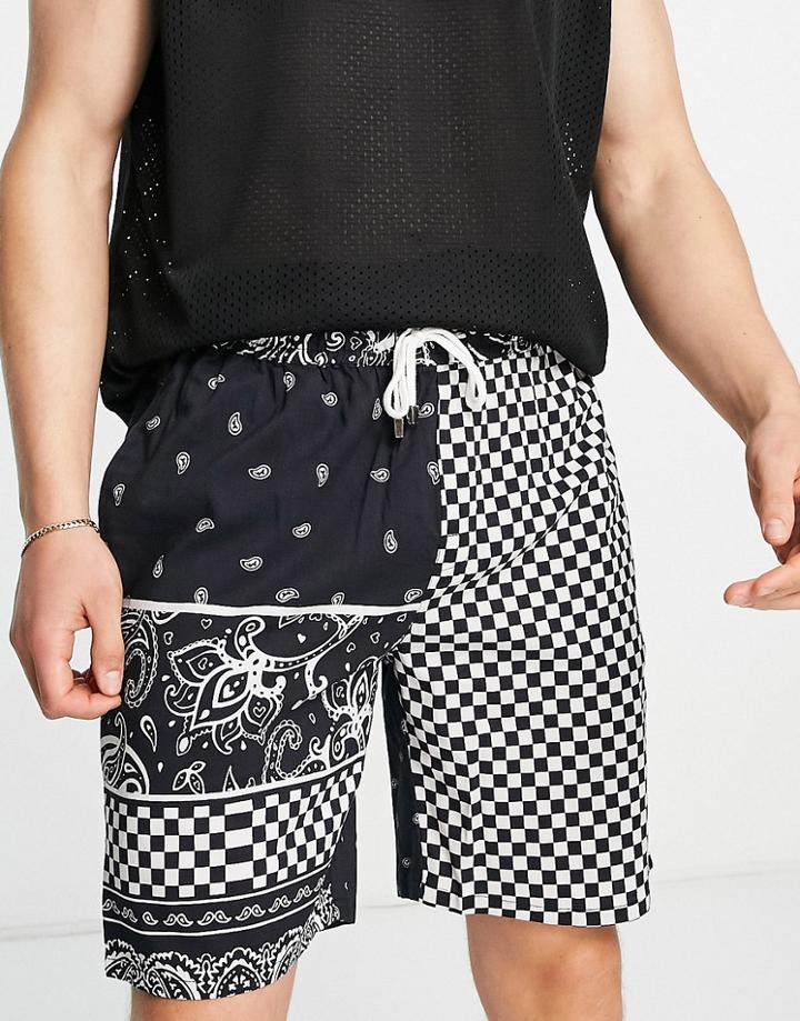 Mennace Woven Shorts In Black With Patchwork Paisley Print - Part Of A Set