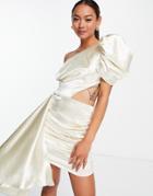 V L The Label Puff Sleeve Wrap Mini Dress In Ecru White