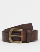 Asos Design Leather Slim Belt In Brown With Vintage Finish