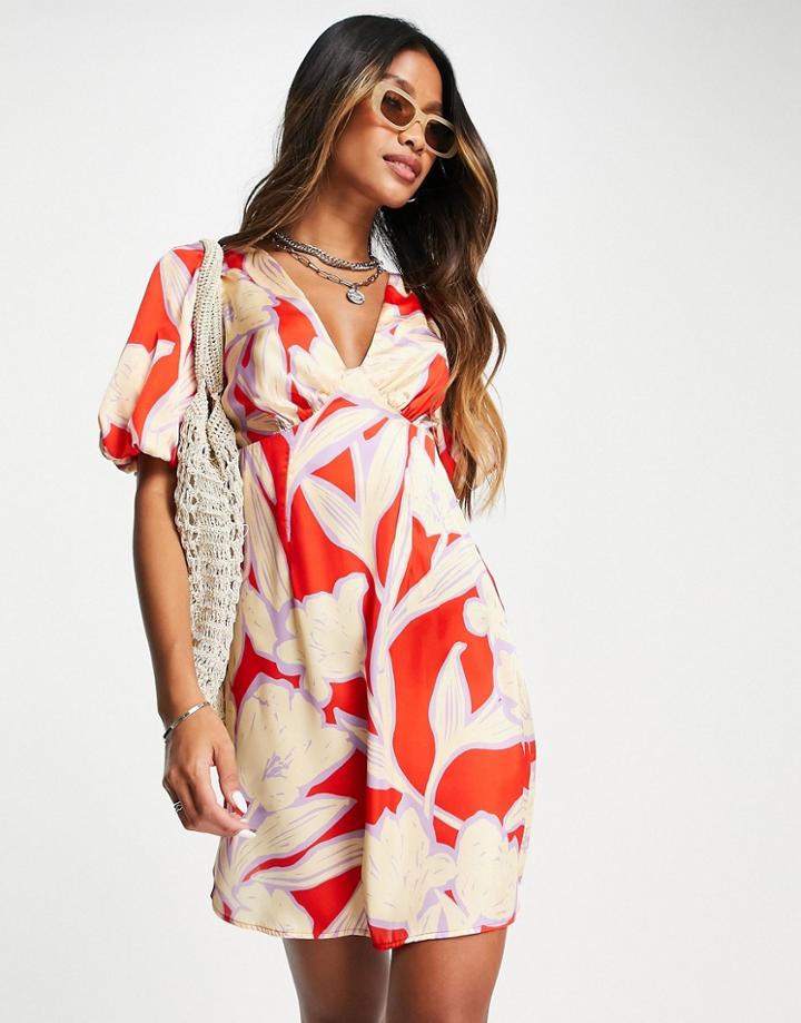 Topshop Large Outlined Floral Mini Tea Dress In Red