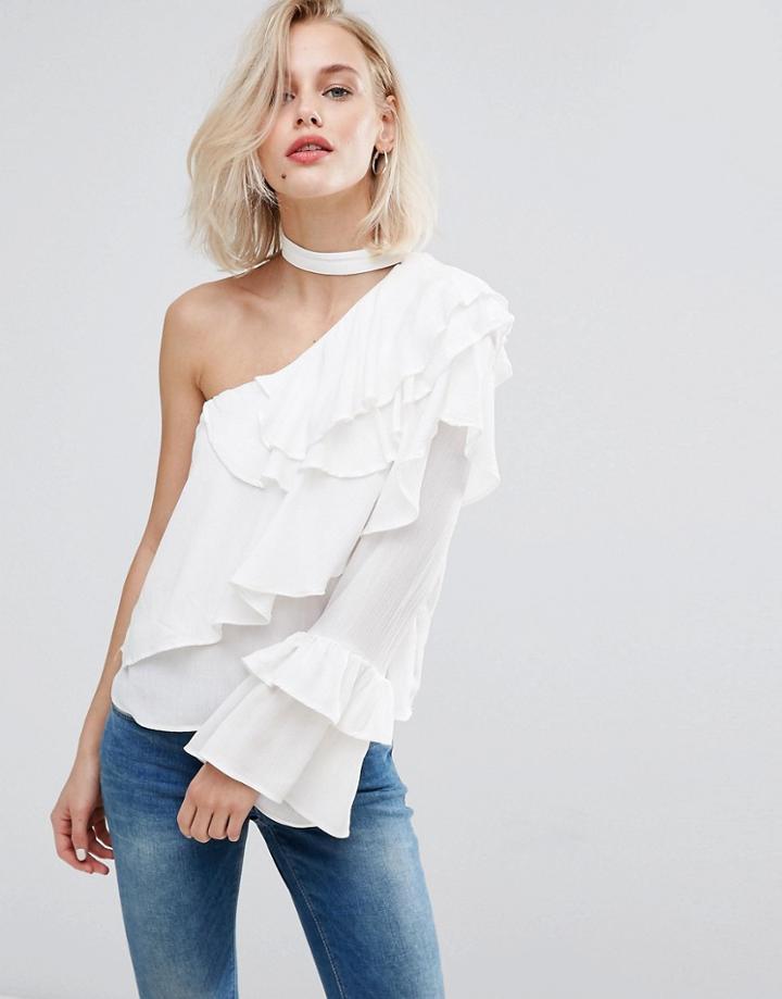 Pull & Bear One Shoulder Choker Ruffle Blouse - White