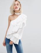 Pull & Bear One Shoulder Choker Ruffle Blouse - White