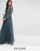 Maya Plunge Front Long Sleeve Maxi Dress In Tonal Delicate Sequin And Tulle Skirt - Blue