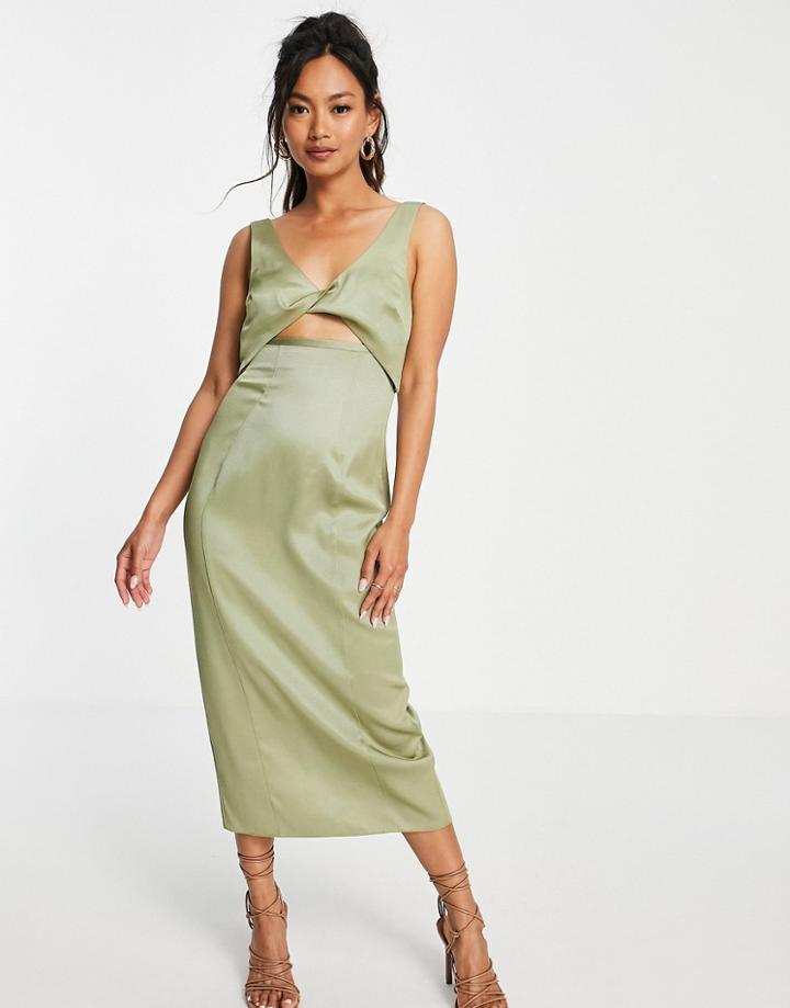 Asos Design Twist Detail Textured Midi Dress In Sage-green