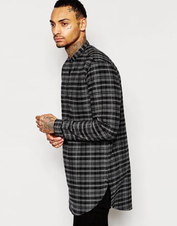 Asos Check Shirt In Super Longline With 3/4 Placket And Grandad Collar - Gray Marl