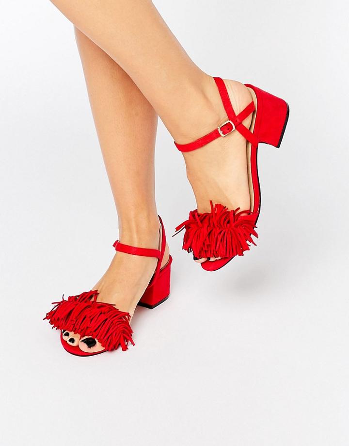 Truffle Fringe Mid Block Heel Sandal - Red