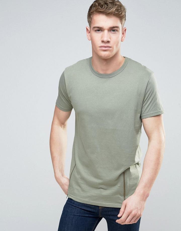 Brave Soul Longline Zip T-shirt - Green