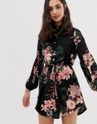 Parisian Collarless Shirt Dress In Floral Print-black