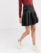 Asos Design Leather Look Pleat Mini Skirt With Belt Bag-black