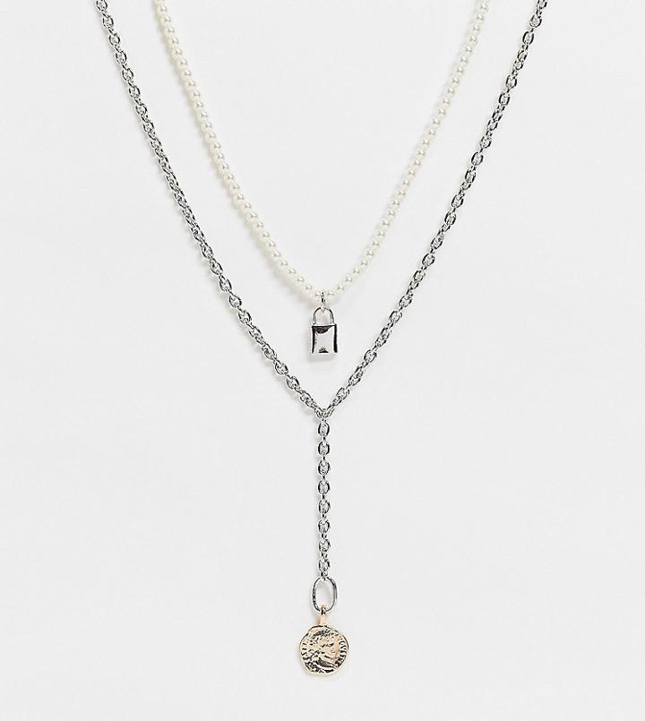 Reclaimed Vintage Inspired Unisex Multirow Chain Necklace With Lock Charm In Faux Pearl And Silver