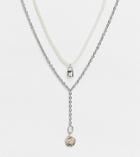 Reclaimed Vintage Inspired Unisex Multirow Chain Necklace With Lock Charm In Faux Pearl And Silver