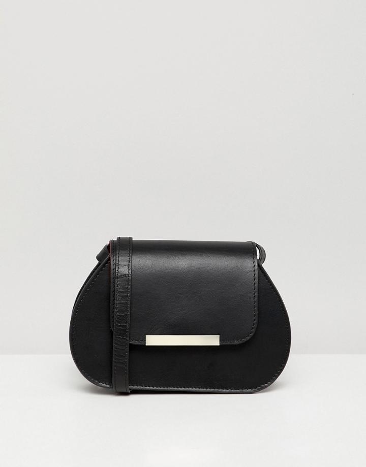 Asos Design Mini Leather Saddle Bag With Bar Detail - Black